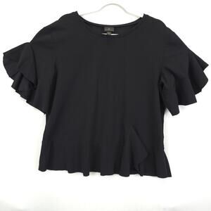 Worthington Shirt Womens Large Black Ruffle Sleeve Hem Stretch Pullover Top